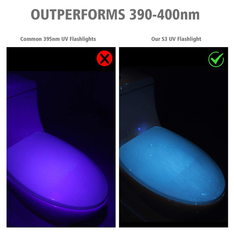 S3 365nm UV Flashlight with 3 LEDs, Powerful Blacklight Flashlights for Pet Urine Detection, Resin Curing, Rocks, Scorpion