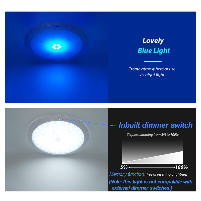 Dream lighting RV Lights Interior Dimmable 12 Volt LED Ceiling Light Fixture with Switch for RV Motorhome Boat Marine - 8.5 Inches, 14.3W, 850 LM, Cool White & Blue Lighting 8.5inch-Cool White&Blue