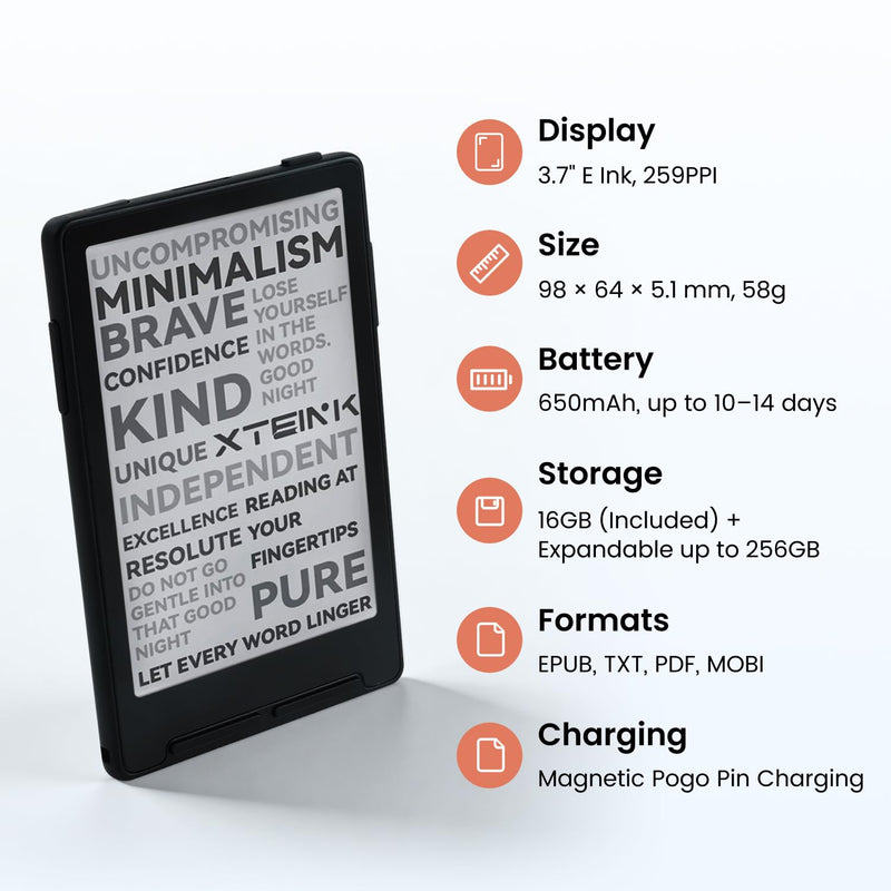 XTEINK X3 3.7" Pocket E-Ink eBook Reader, Space Black | Ultra-thin 0.2" design with magnetic pogo-pin charging, gyroscope page-turn, 16GB storage, and distraction-free reading