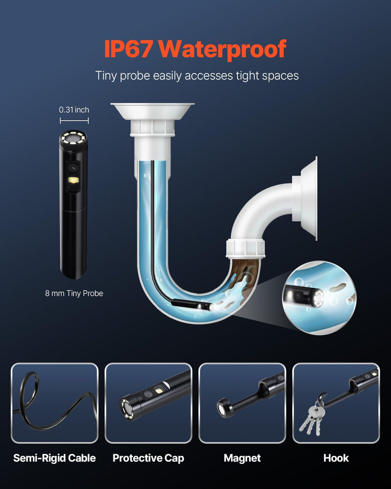 VEVOR Endoscope Camera with Light, Dual Lens Borescope for Android & iOS, 1920P HD Inspection Camera with 8 + 1 LED Light, 2X Zoom, 16.4FT Snake Cable, IP67 Waterproof Snake Camera for Auto, Plumbing