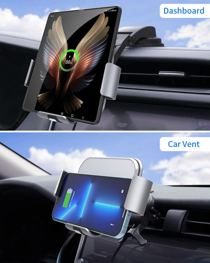 Dual Coil Wireless Car Charger Mount for Galaxy Z Fold Series | Dual coil fast wireless charging,for Galaxy Z Fold7,6,5,4,3,Mate XT, iPhone17,16,supports air vent and dashboard installation Steel Gray