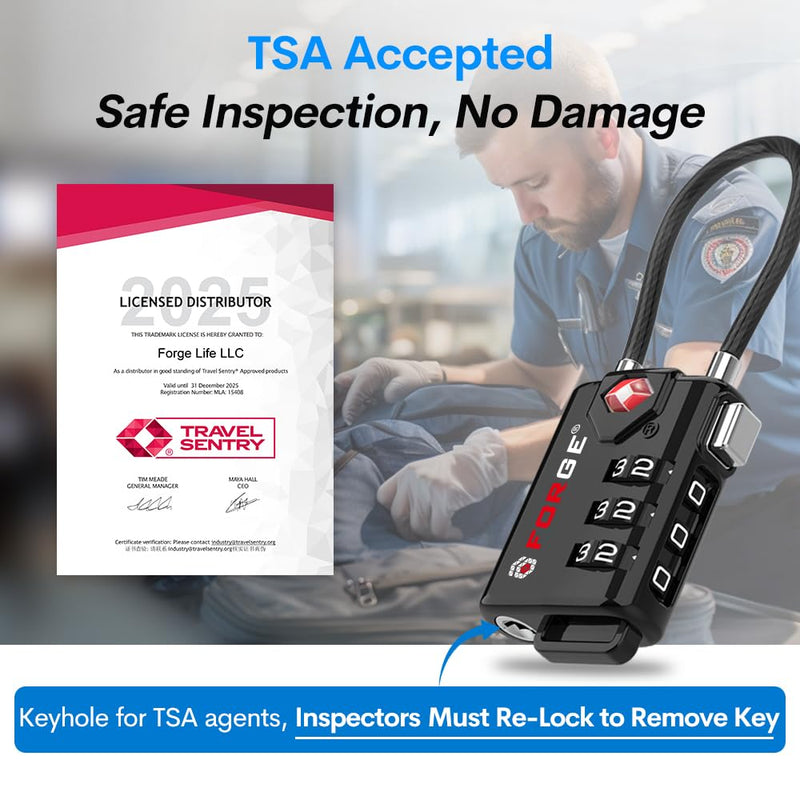 TSA Approved Cable Luggage Locks, Re-settable Combination with Alloy Body Black 4 Pack