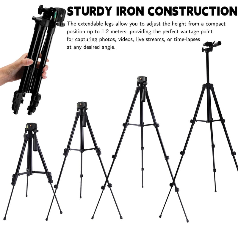 Professional Portable Travel Aluminium Camera Tripod Accessories Stand with Pan Head for Camera and Phone, Adjustable Height Up to 1.2m