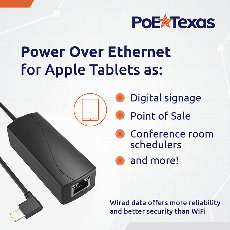 PoE Texas Power Over Ethernet Adapter for Apple Tablets and Phone - Converts 802.3af PoE Switch, Injector to 5V 12W for POS, Digital Signs, Conference Rooms - Splitter Extends Charging & Data to 328' 5 Volt 12 Watt - Lightning + Data