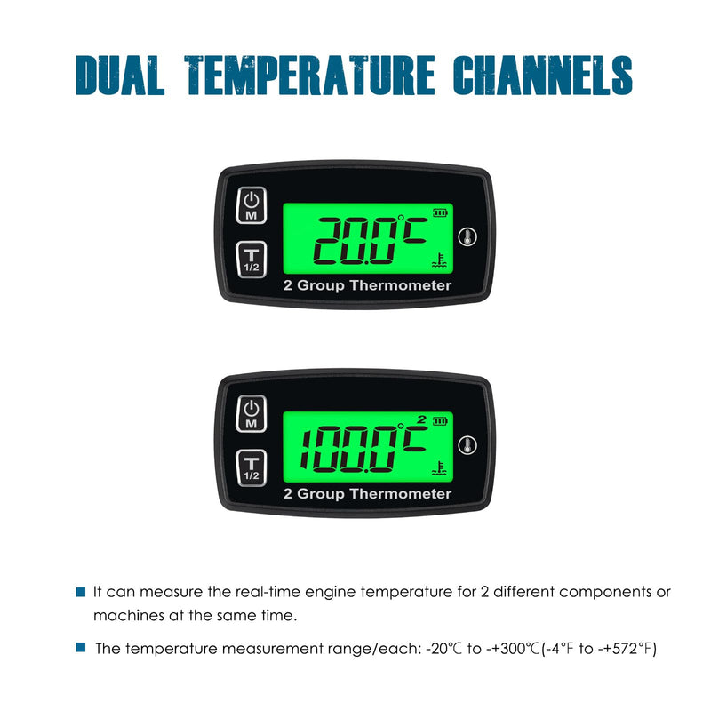 Runleader Digital LCD Engine Temp Gauge,Dual Temperature Record,Backlight Display,User Shutdown,Battery & External Power Supply for Generator Motorcycle Dirtbike ATV Outboard Motor Marine Snowmobile