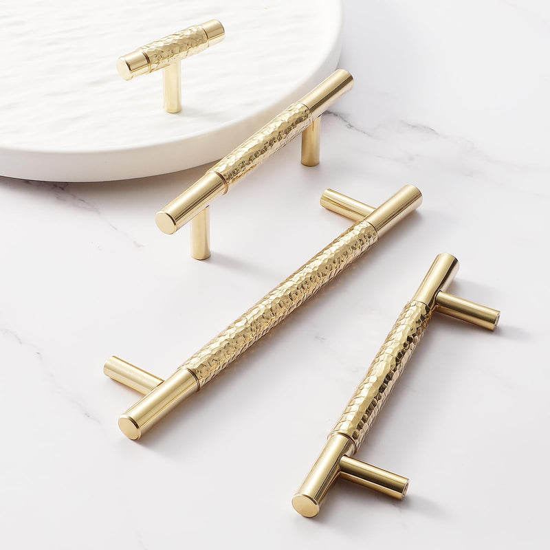 Polished Brass Cabinet Pulls, 5 Pack Modern Gold Solid Brass Dresser T-Bar Handles Cupboard Drawer Hardware for Bathroom Kitchen (5, T Knobs Single Hole)