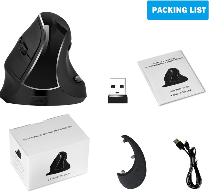Ergonomic Vertical Mouse: 2.4G Bluetooth Dual Mode Optical Computer Mice,Wireless Rechargeable Mouse with Removable Palm Rest,Compatible with Windows and MAC OS BLACK-DUAL MODE
