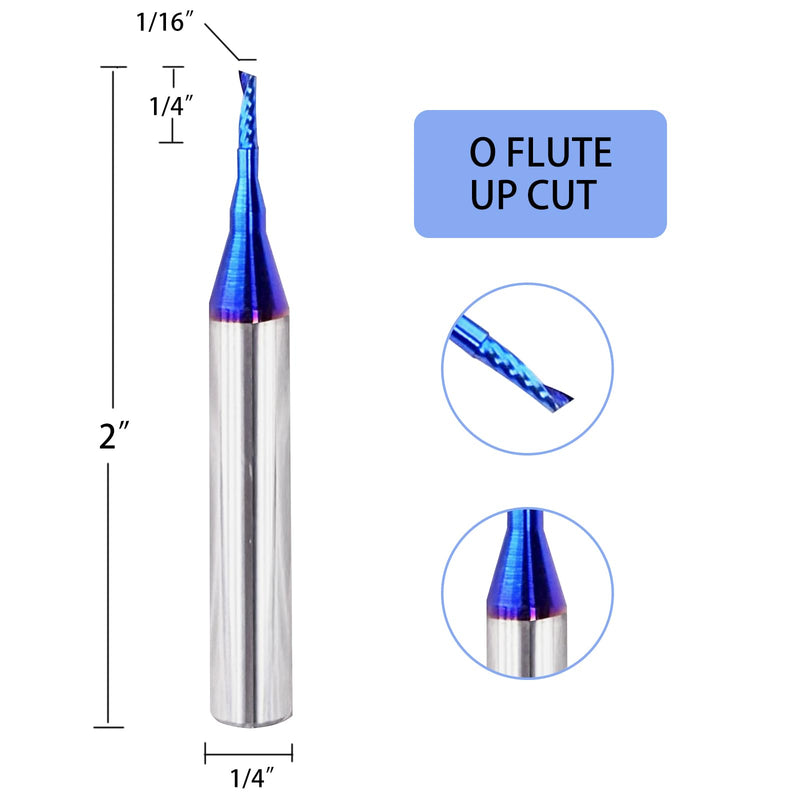 2PCS BRO03B Solid Carbide O Single Flute UpCut Plastic Cutting Spiral Bit CNC Router Bit End Mill NACO Coated with 1/16 inch Cutting Diameter 1/4 Inch Shank Nano Coated 1/16 inch Cutting Diameter 2