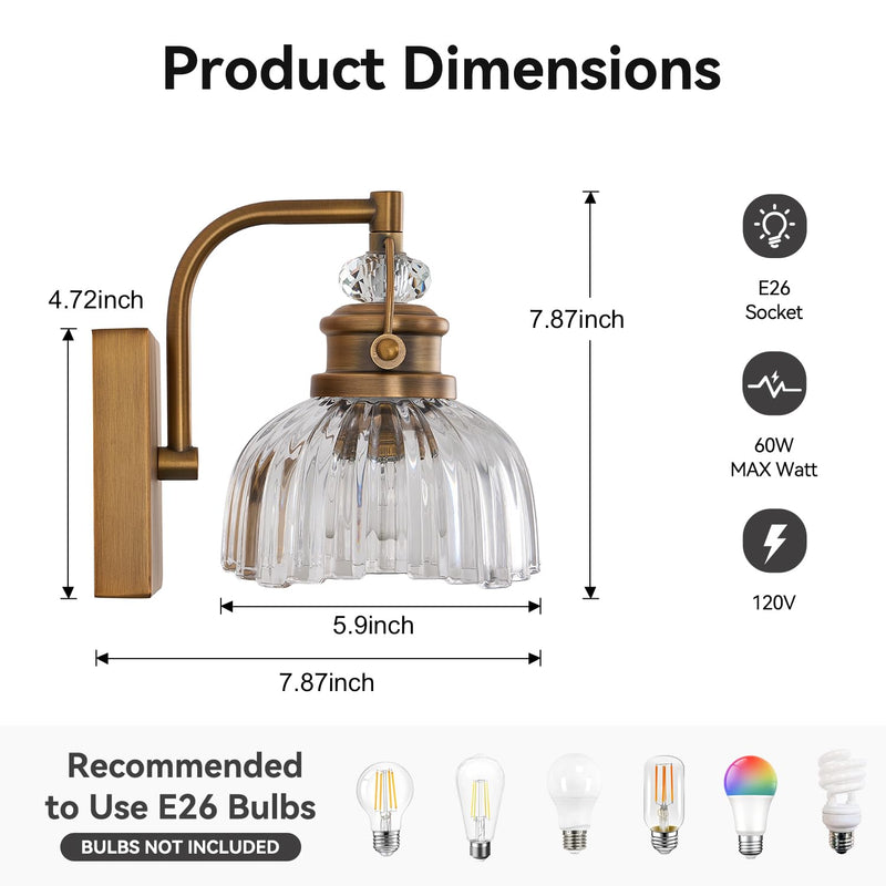 Brass Vanity Light with Clear Glass Shade - Single Bulb Wall Sconce, Bathroom Light, Vintage Bathroom Fixture (L 5.91 in. x W 7.87 in. x H 7.87 in., Bulb not Included) Brass 1-light