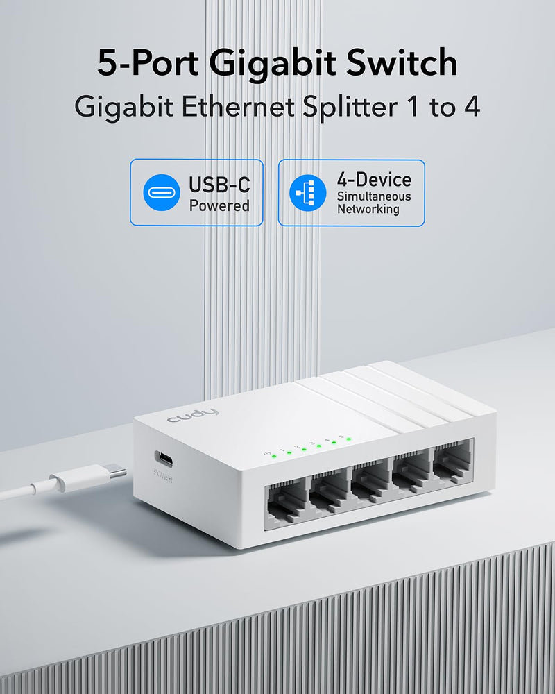 Cudy GS105U 5 Port Gigabit Ethernet Switch with USB-C Power Jack Desktop Ethernet Splitter Plastic Case Unshielded Switch Plug & Play Fanless Unmanaged