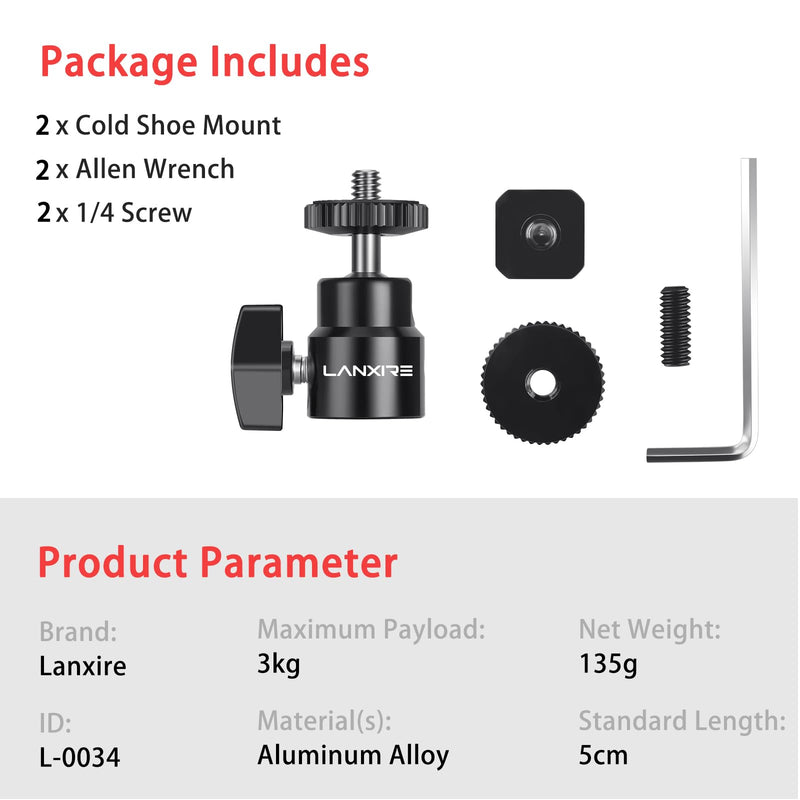 Camera Hot Shoe Mount with 1/4" Screw and Ball Head Adapter - Compatible with Camera, Camcorder, Smartphone, Action Camera, LED Lights, Microphone - 2 Pack