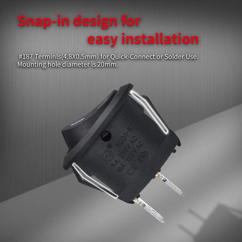 DaierTek ON Off Round Rocker Switches SPST 20mm Mini 12 Volt DC Mini Circle Toggle Switch 12V for Car Automotive RV 2 Pin Switch 120V Wired KCD1-5Pack ON/OFF-5Pcs