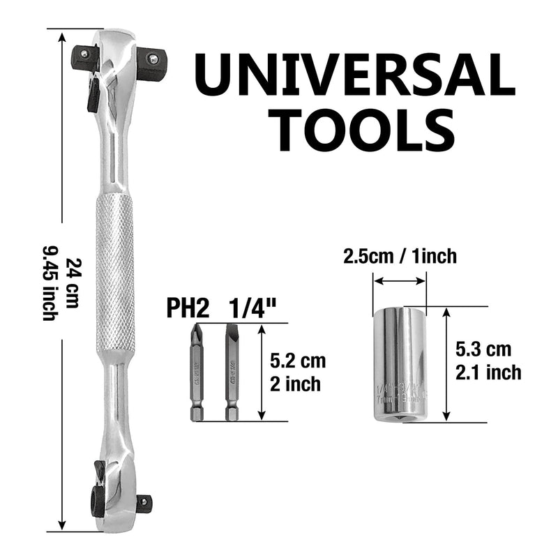 MacWork 4-in-1 Wrench and Universal Socket Set, 1/4", 3/8", 1/2" Drive and 1/4" Drive Bit Driver Ratchet Handle, 72-Tooth, with Universal Socket(7-19mm), Phillips #2 & Slotted 1/4" Screwdriver Bit
