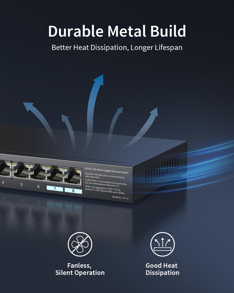 BrosTrend 2.5Gb Switch, Unmanaged 8 Port Ethernet Switch 2.5 Gigabit Supports Static Link Aggregation & VLAN, Fanless, Desktop Wall Mount, Multi Gig Splitter for Gaming, NAS, PC, Lifetime Protection