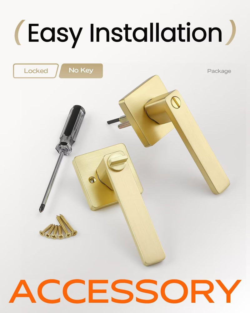 Leydebong 1 Pack Gold Door Knobs with Lock, Heavy Duty Interior Privacy Door Handle for Bed/Bathroom, Reversible Flat Levers with Square Rosette Privacy Lock (Keyless)Bedroom/bathroom