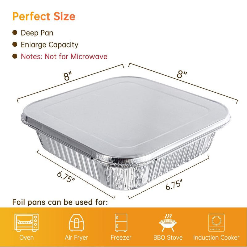 50 Pack 8x8 Aluminum Pans with Lids, 8x8 Foil Baking Pans with Lids | Heavy-Duty Aluminum Foil Pans with lids, Disposable Food Containers for Cake Baking, Cooking, Heating, Storing& Meal Prepping 50 Pack with Lids
