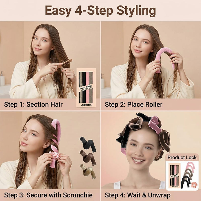 6PCS Heatless Hair Curler Set No Heat Overnight Curls Ribbon Soft Satin Foam Rollers For Heat-Damage Free Styling With Rose Gold Scrunchie For Women Adults Everyday Wear And Parties Hair Accessories