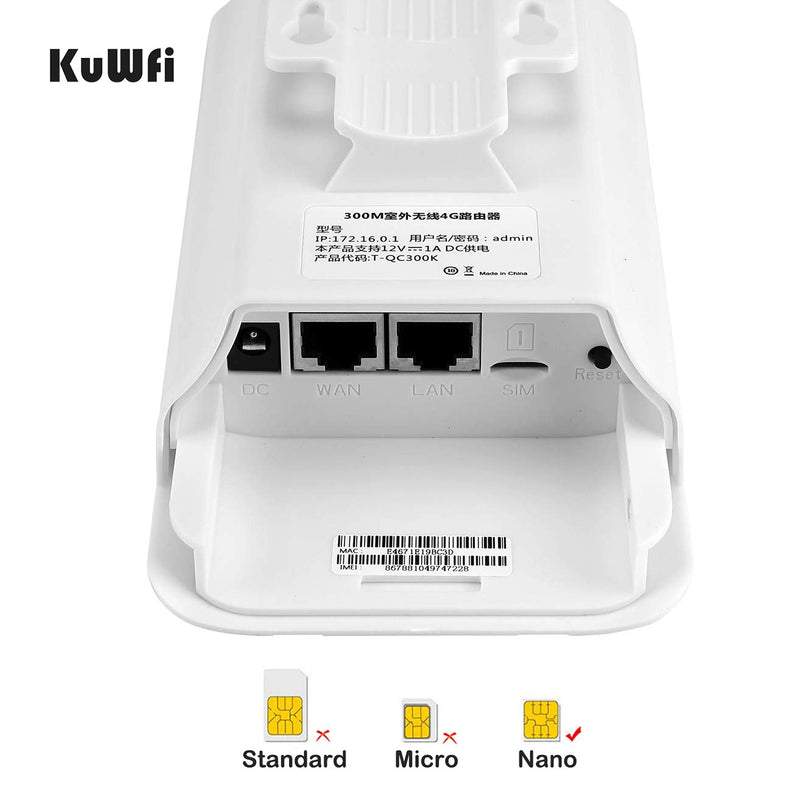 KuWFi 300Mbps Outdoor 4G LTE CPE WiFi Router with Sim Card Slot CAT4 SIM Routers with POE Adapter Work with IPcamera or Outside WiFi Coverage (US Version B2/B4/B5/B12/B13/B14/B66/B71) QC300K