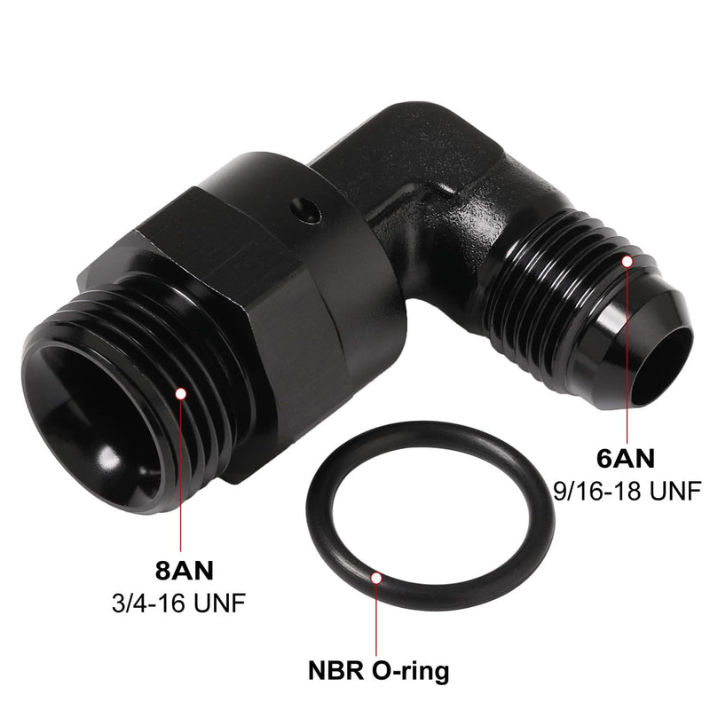 6AN Male Flare to 8AN -8 ORB O-ring Boss 90 Degree Swivel Fitting Adapter Aluminum Black 6AN to 8AN ORB
