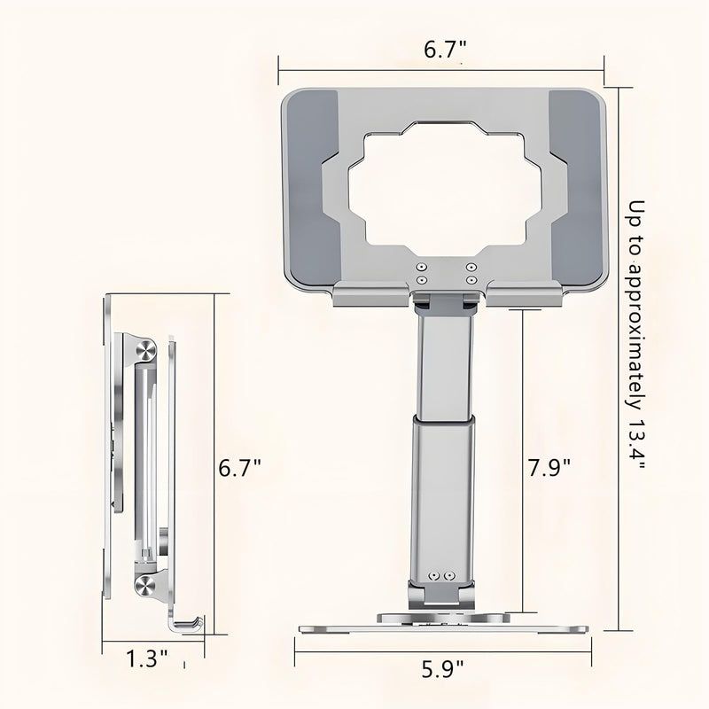 GuaziV 360° Adjustable Tablet Stand - Ergonomic Foldable Holder for iPad 10.2-12.9”, Kindle, Phones 4-13”, Anti-Slip Desktop Mount for Work, Cooking, Gaming & Reading Metallic Silver