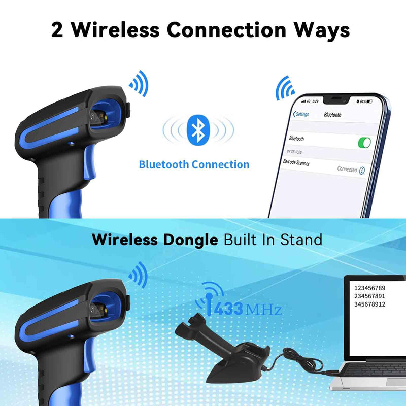 Alacrity Wireless Charging Barcode Scanner, 1D/2D Symbologies, Global Shutter Scan Sensor, Long-Distance 433MHz Wireless & Bluetooth Connectivity, Industrial Shock and Dust-Proof Barcode Reader, Blue Blue-2D