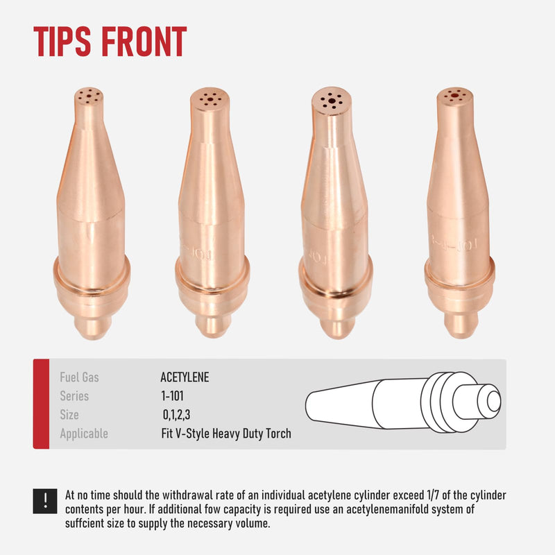 RX WELD 1-101 Series Acetylene Cutting Torch Tips, Size 0-3, Fit V-Style Heavy Duty Torch - Pack of 4