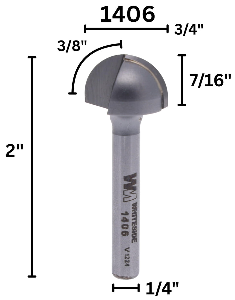Whiteside Router Bits 1406 Round Nose Bit with 3/8-Inch Radius, 3/4-Inch Cutting Diameter and 7/16-Inch Cutting Length