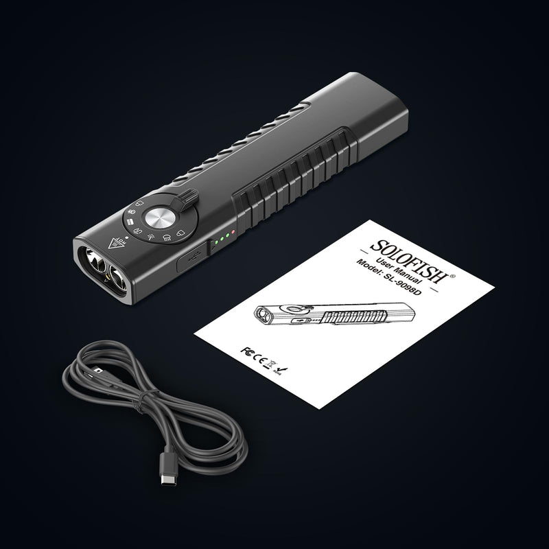 Solofish 1400 Lumens Aluminum EDC Flashlight with Green Beam, UV and 100lm Utility Light Combo, Rechargeable 4-in-1 Portable Pocket Light with Strobe for Emergency