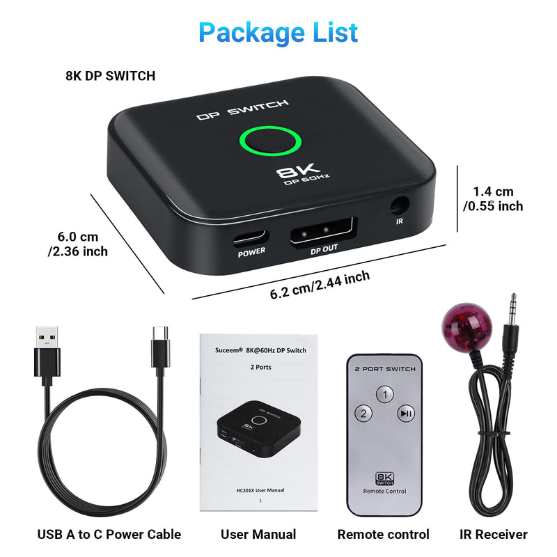 Displayport Switch 2 in 1 Out DP Switch Selector Box 8K@60Hz 4K@144Hz 4K@120Hz 4K@60Hz Display Port Switch for PS5, HDTV, Xbox, Fire Stick