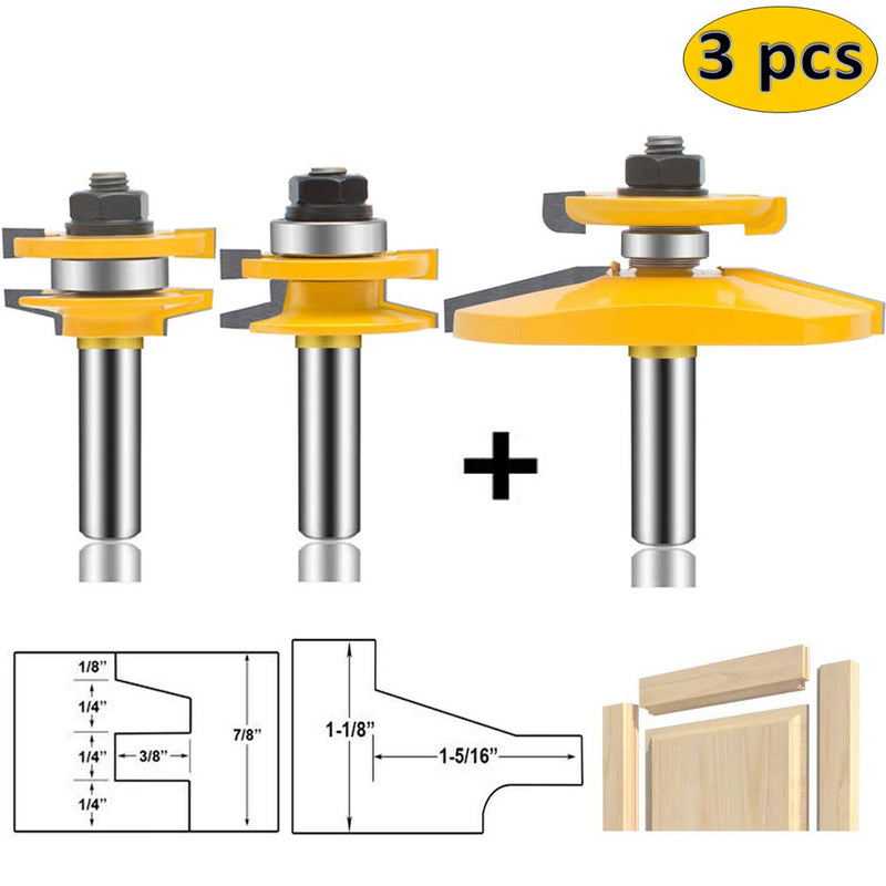 OLETBE 3 PCS Router Bit Set, 1/2-Inch Shank Round Over Raised Panel Cabinet Door Rail and Stile Router Bits, Woodworking Wood Cutter, Wood Carbide Groove Tongue Milling Tool (Square) SQUARE