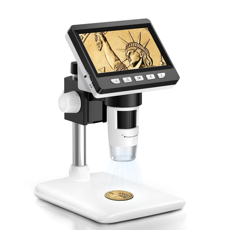 4.3" Coin Microscope - Aopick LCD Digital Microscope 1000X, 1080P USB Coin Magnifier for Error Coins with 8 Adjustable LED Lights, PC View, Compatible with MacOS Windows 4.3Inch White