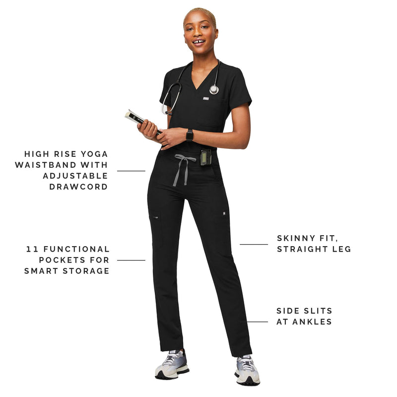 FIGS YOLA High Waisted Skinny Scrub Pants for Women — 11 Pockets, 4-Way Stretch, Yoga Waistband Regular Medium Black
