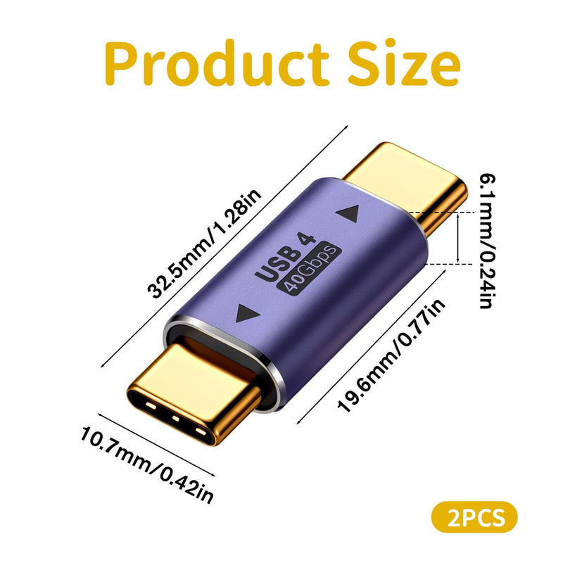2 Pack USB C Male to Male Adapter Type C Coupler Extender Support 40Gbps Data 100W Fast Charging Video for Laptop Phone and TypeC Devices