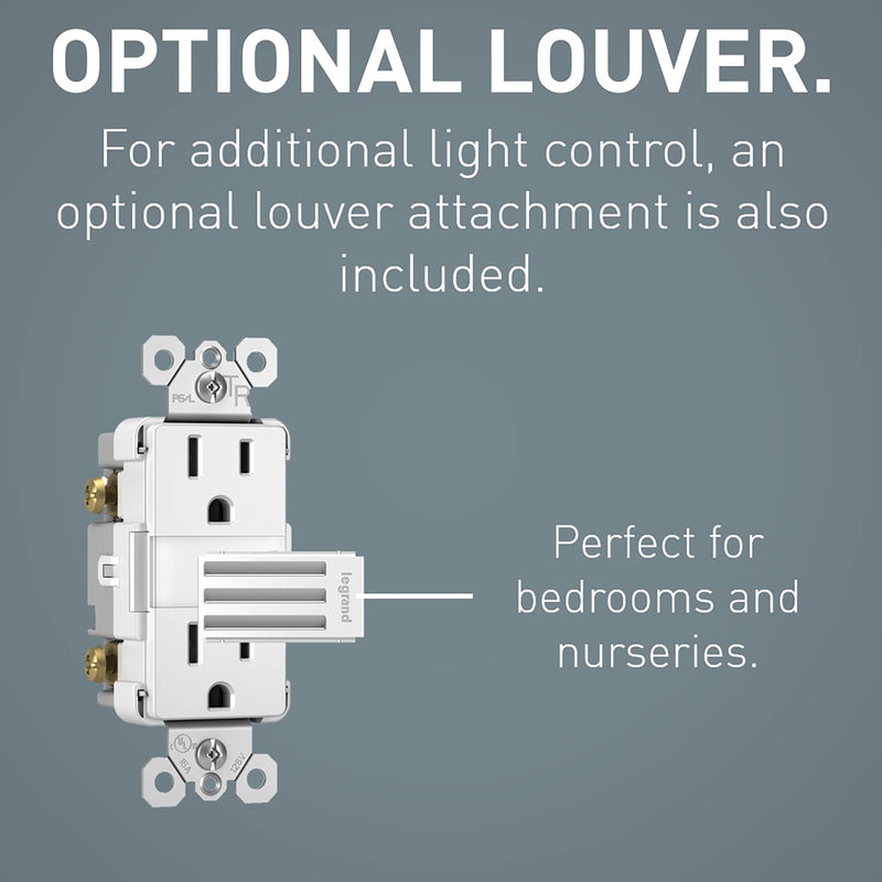 Legrand Radiant Adjustable LED Night Light Outlet with Screwless Wall Plate, Tamper-Resistant Hallway Night Light, 5 Levels, NTL885TRWPW, 15 Amp, White