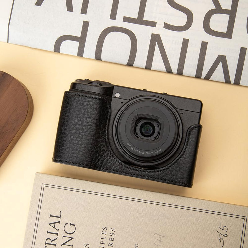 GRIV Vintage Genuine Leather Camera Case with Shoulder Strap for Ricoh GR IV/GR IV X/GR IV HDF/GR4 Handmade Half-Wrap Cover (Black)