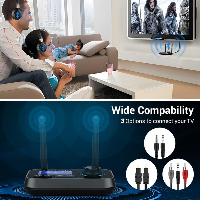 3-in-1 Low Latency Bluetooth 5.3 Transmitter for TV Audio Receiver Adapter for Stereo Long Range W.Screen Volume Control Aux/RCA/Optical Input/Output Surpport Up to 2 BT Headphones BLACK