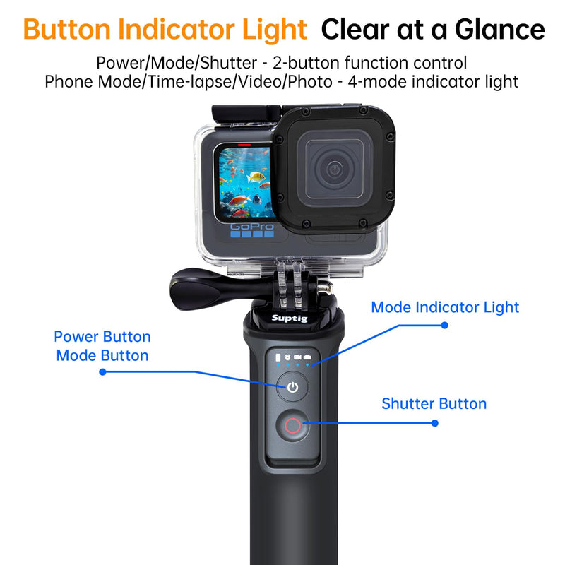 Suptig Floating Selfie Stick with Remote Control, Floating Handle Grip, Remote Handle Stick Compatible for GoPro 13/12/11/10/9/8, DJI Action 6/5 Pro, for Insta 360X2/X3/X4/X5.