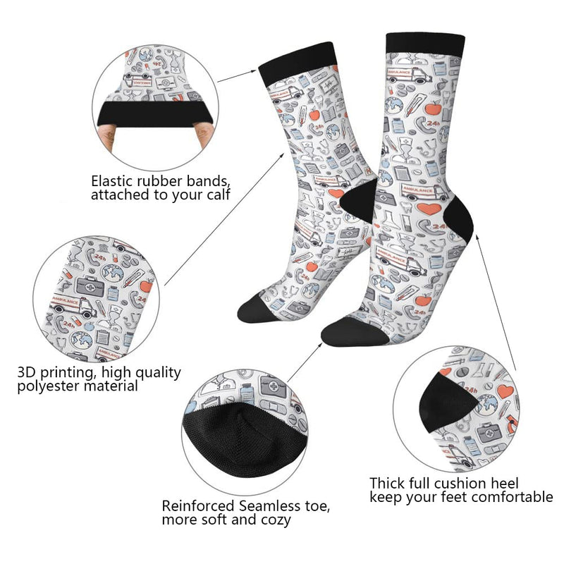 AOYEGO Medical Funny Socks Red Grey Blue Care Hospital Novelty Casual Crew Socks Contrast Color Design for Women Men Gift Medical Pattern