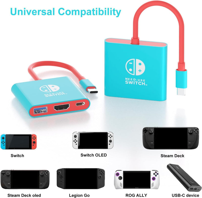 Switch Dock, Portable TV Docking Station Compatible with Steam Deck/ROG Ally/Legion GO, 3-in-1 Switch Travel Dock with HDMI 4K@60Hz, 100W Charge PD Port and USB 3.0