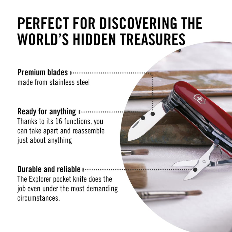 Victorinox Explorer Swiss Army Knife - 16 Function Pocket Tool - Red | Swiss Made Multi-Tool with Magnifying Glass, Phillips Screwdriver, Scissors, 2 Blades, and Can Opener - 91 mm Compact Size