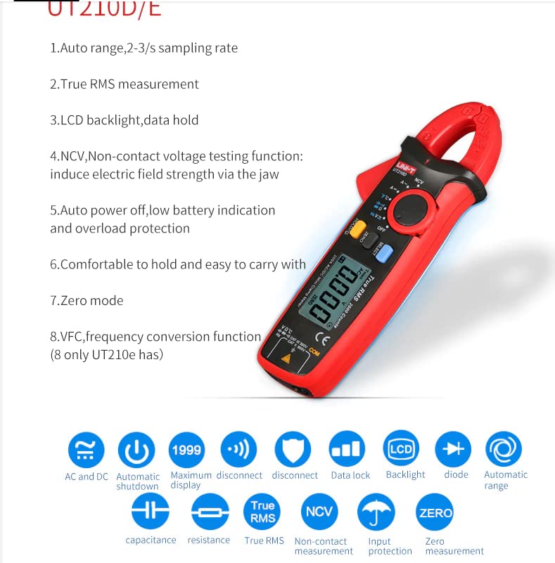 UNI-T UT210D Mini Clamp Meter, AC/DC Current Tester with Peak Hold & Data Hold, Measures DC Current from 0.1mA to 100A, True RMS, NCV, CAT III 600V for Inrush Current, Motor & PCB Repair
