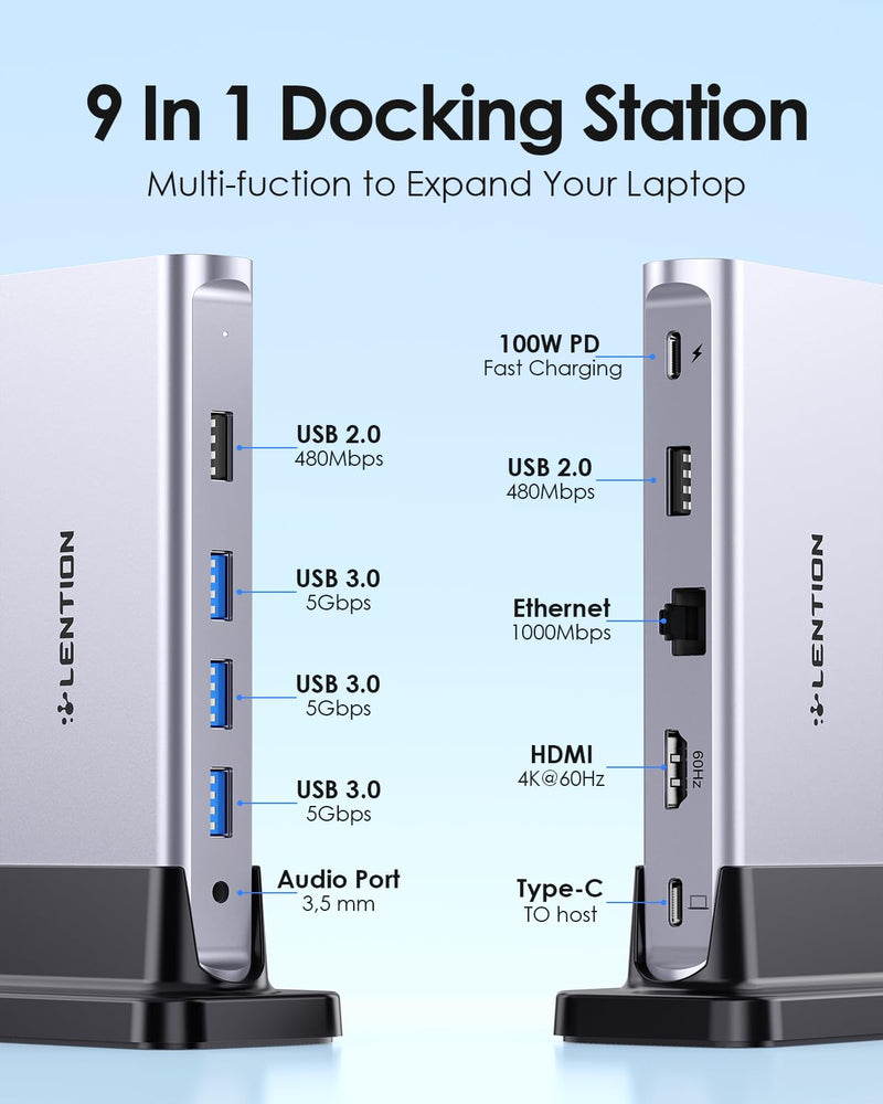 LENTION USB C Docking with 4K@60Hz HDMI, USB 3.0/2.0, Gigabit Ethernet, 100W PD, Aux Adapter for 2023-2016 MacBook Pro/Mac Air/Surface/Steam Deck, More, Stable Driver Certified (CB-D53s, Silver)