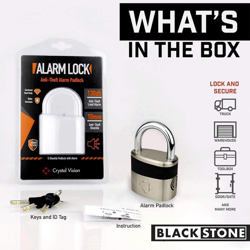 Blackstone Anti-Theft Loud 130db Alarm Padlock Weather Proof Heavy Duty Multi Purpose (10mm Shackle) 10mm Shackle