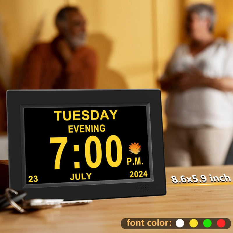 CAZOKASI 8inch Extra Large Impaired Vision Digital Alarm Clock with Day and Time for Elderly Calendar Clock Auto Dimmable Clock 8inch Black