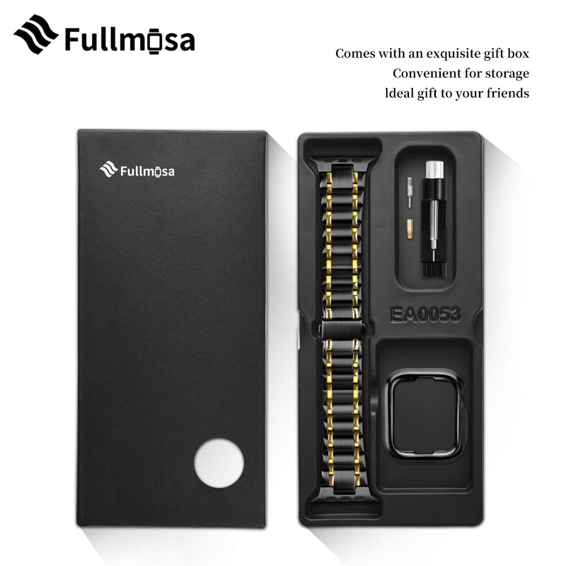 Fullmosa Compatible Metal Apple Watch Bands 41mm 40mm 38mm 49mm 45mm 44mm 42mm, Stainless Steel iWatch Band with Case for Apple Watch Series Ultra 9 8 7 6 5 4 3 2 1 SE,38mm 40mm 41mm Black and Gold 38mm/40mm/41mm