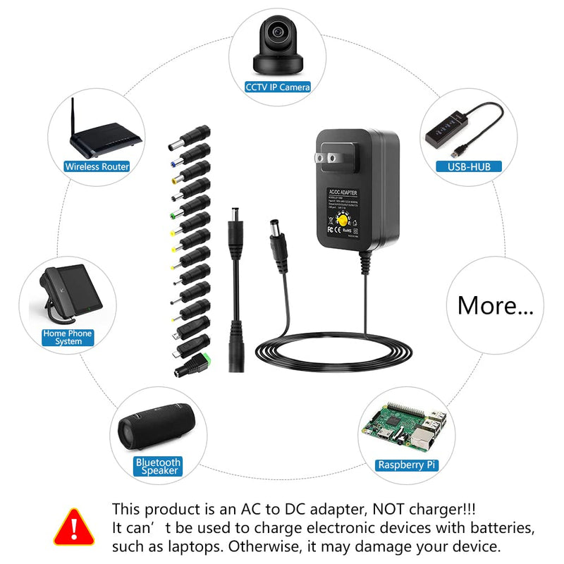 SHNITPWR 30W Universal Power Supply 3V 4.5V 5V 6V 7.5V 9V 12V Adjustable Variable AC/DC Adapter with 5V 2.1A USB Port, 100V-240V AC to DC 3V~12V Converter 0.5A 1A 1.2A 1.5A 2A 2.5A Max with 14 Tips 3V~12V-30W