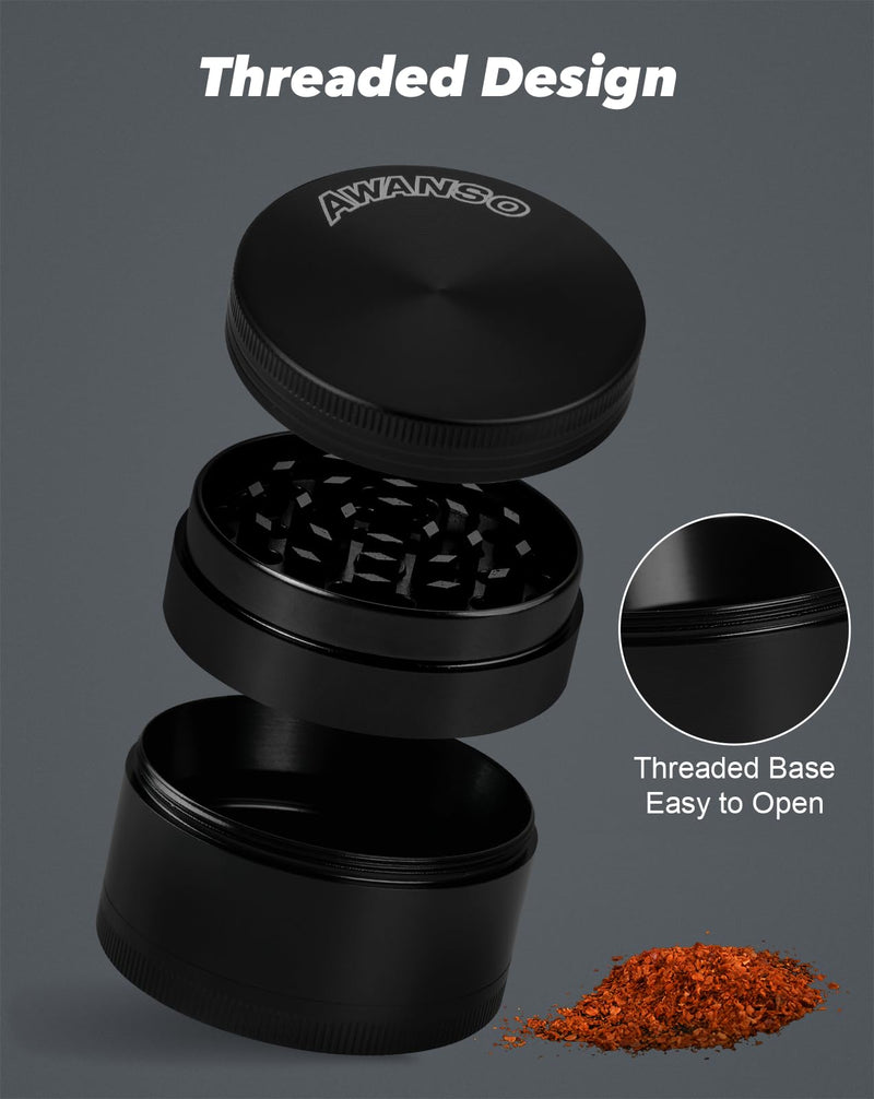 2" Grinder for Kitchen Spices, 3-Piece 4-Part Design, Screen-Free, Durable Zinc Alloy, Black 2.0"