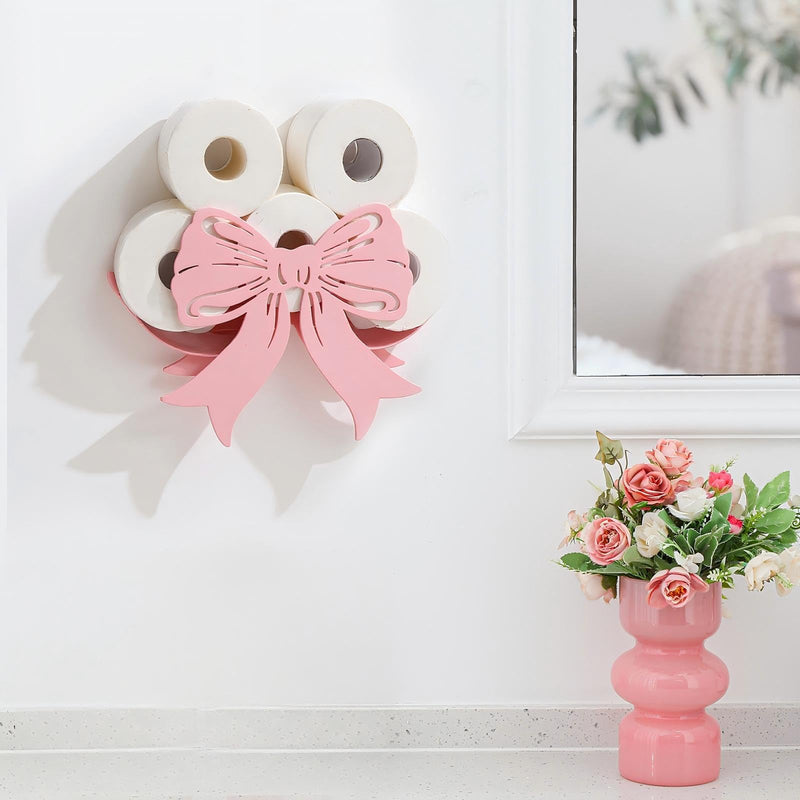 Geelin Light Pink Bow Bathroom Decor Pink Toilet Paper Holder Metal Paper Storage Wedding Bow Bathroom Decor 8 Rolls Toilet Tissue Holder Wall Mounted for Restroom Bedroom Coquette Home Decoration