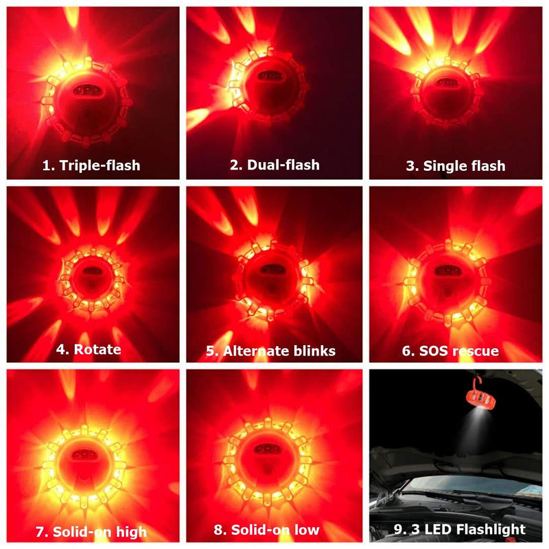 USB Rechargeable LED Road Flares Emergency Lights-Roadside Warning Car Safety Beacon Flashing Disc Flare Kit with Magnetic Base for Vehicles & Boat | 3 Beacon Disc Pack