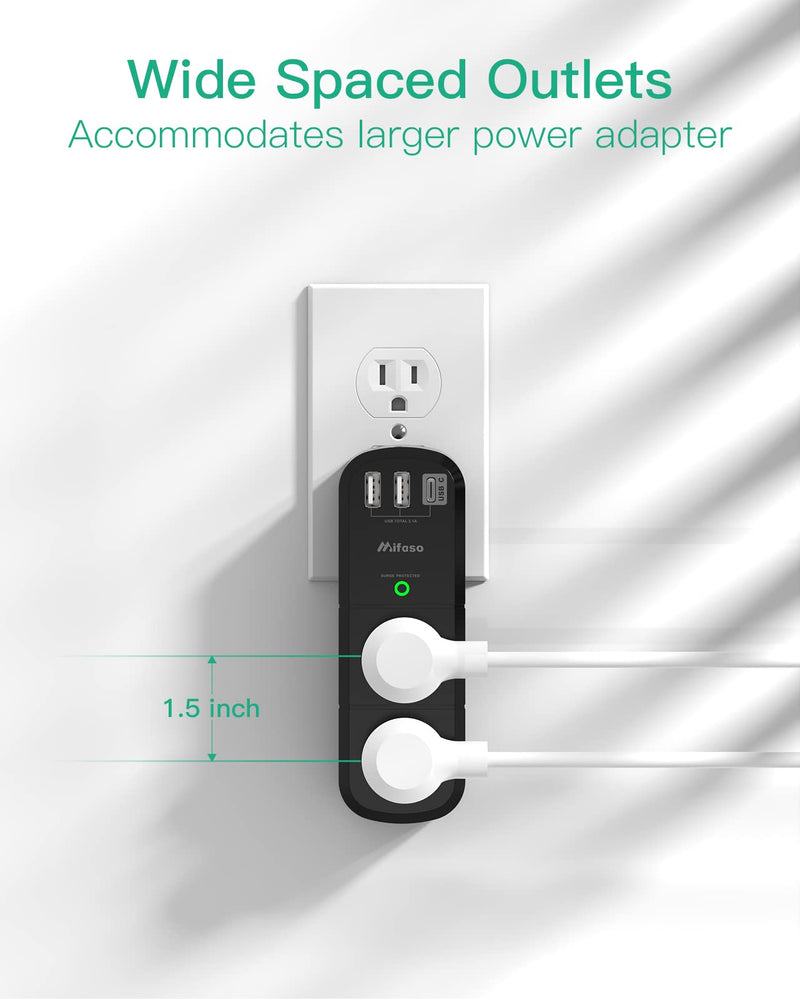 Surge Protector USB Outlet Extender with Rotating Plug, 6 AC Multi Plug Outlet and 3 USB Ports (1 USB C), 3-Sided Swivel Power Strip Outlet Splitter for Home, Dorm Room Essentials (2 Pack) 2 Pack Black